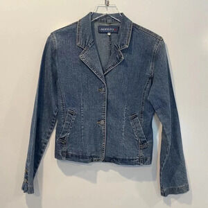 Adolfo Blue Linen Cotyon Blend Denim Jean Jacket Blazer Womens Size Small (E)